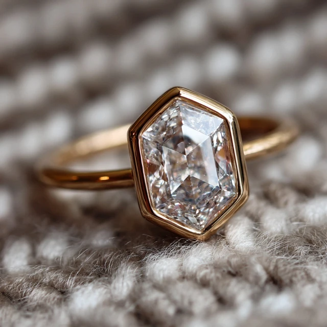 Hexagon Cut Diamond Ring in Gold Bezel Setting