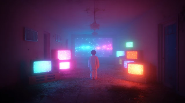 Abandoned 80s Room with Boy and Galaxy TVs