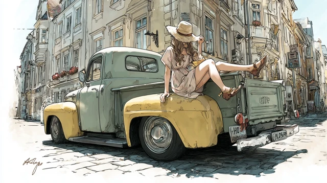 Girl in Vintage Truck Watercolor Illustration