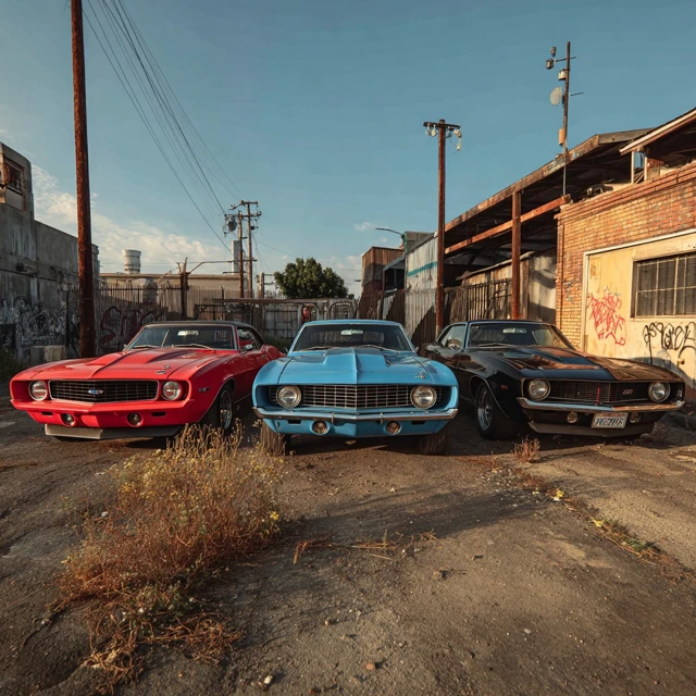 Muscle Car Lineup Classic American Cars in an Industrial Setting