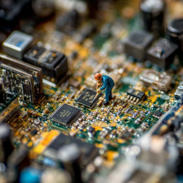 Macro Photo Tiny Technician on Circuit Board