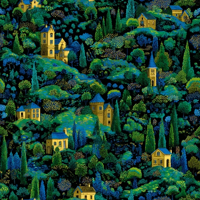 Landscape Fabric Pattern Village Castle Green Blue Gold