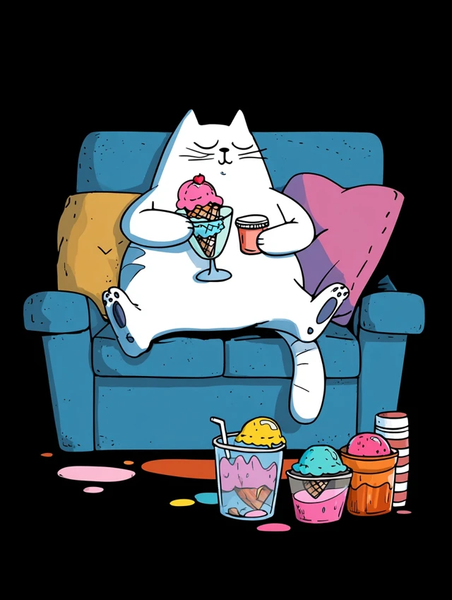 Cute Cat Enjoying Ice Cream Cartoon Illustration