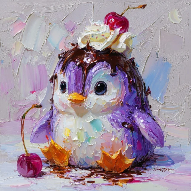 Cute Purple Penguin Dessert Painting by Konstantin Razumov