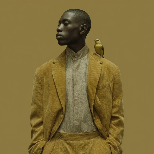 Man in Corduroy Suit with Goldfinch on Shoulder