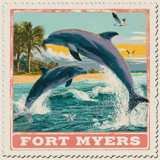 Fort Myers TShirt Design Dolphins in a Retro Postage Stamp