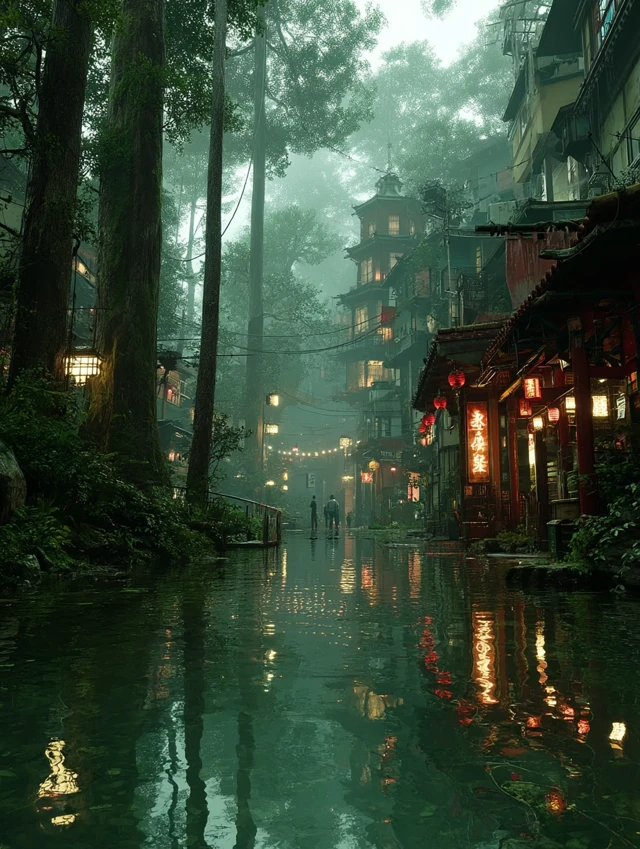 Cyberpunk Forest City: Chinese Architecture in Nature
