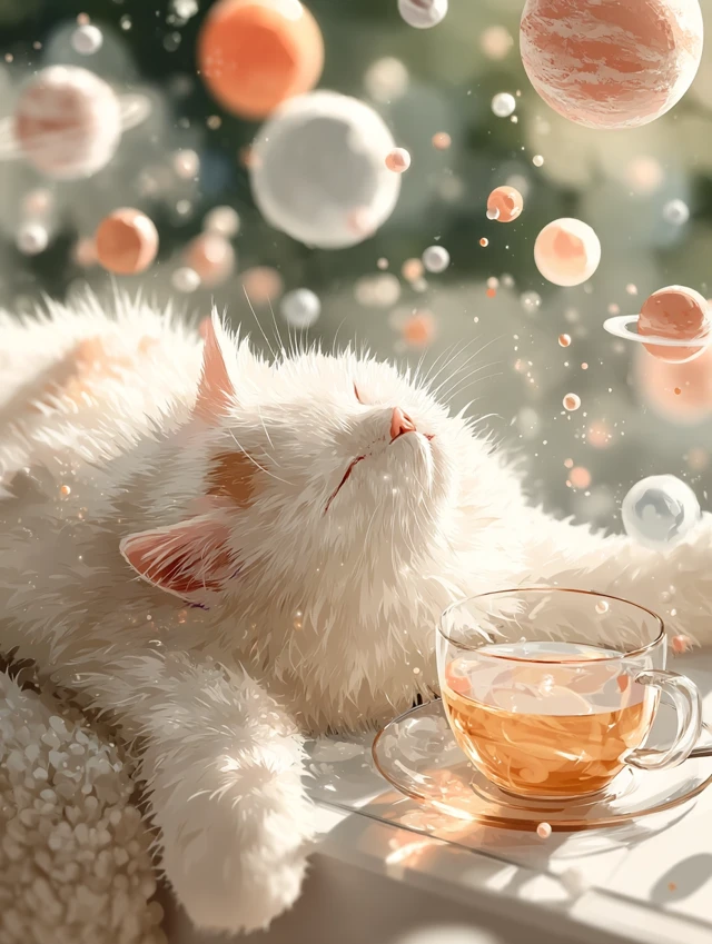 Dreamy Cat in Space with Planets and Tea