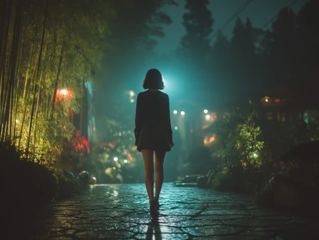 Woman in Bamboo Forest Night Scene