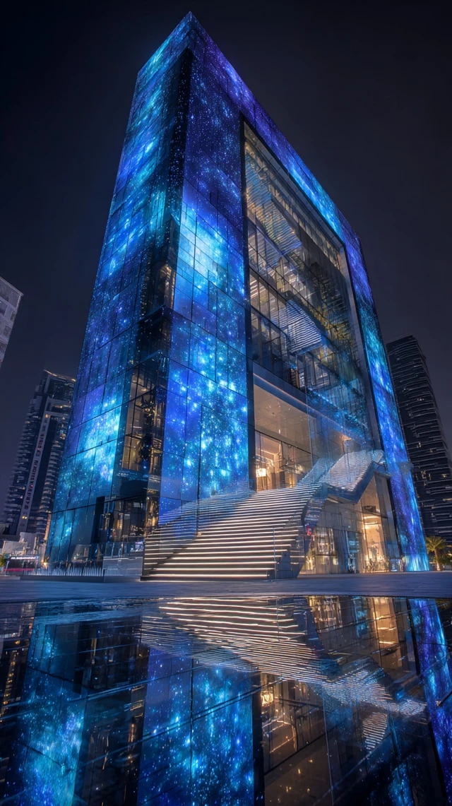 Futuristic Dubai Building at Night Modern Architecture