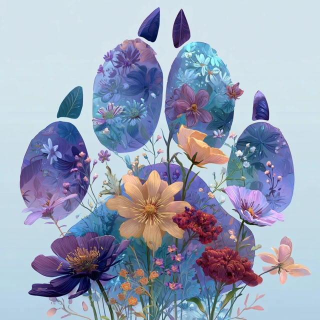 Fantasy Cat Paw Prints and Flowers Art