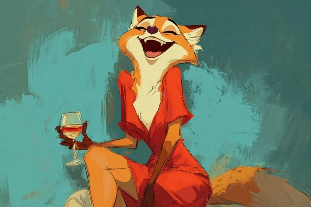Anthropomorphic Fox Lady with Wine Illustration