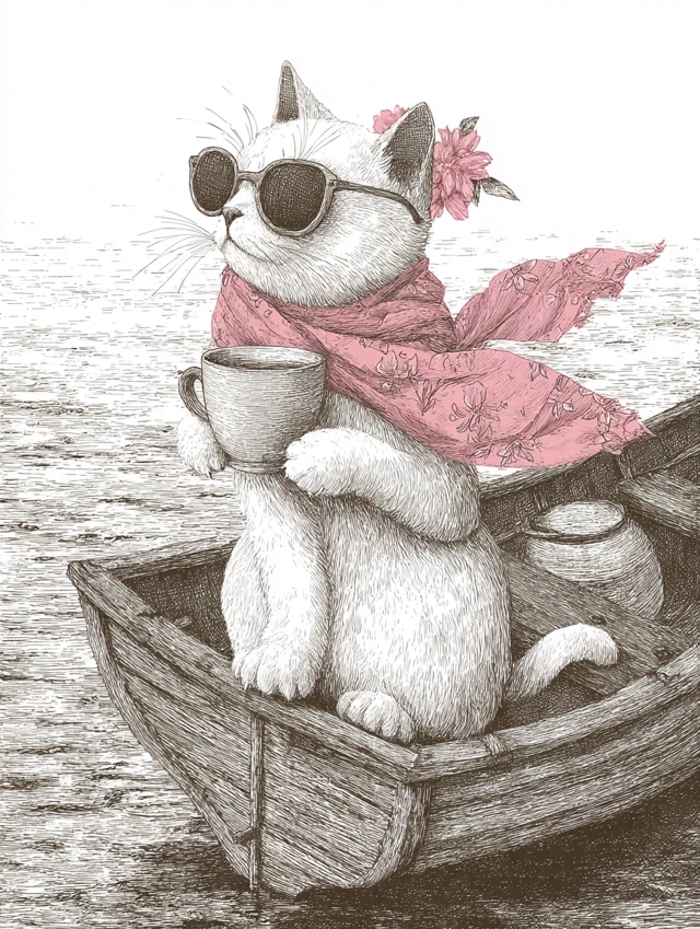 Cat at Sea Storybook Illustration