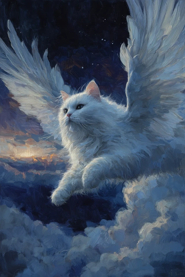 Angel Cat Painting Twilight Sky