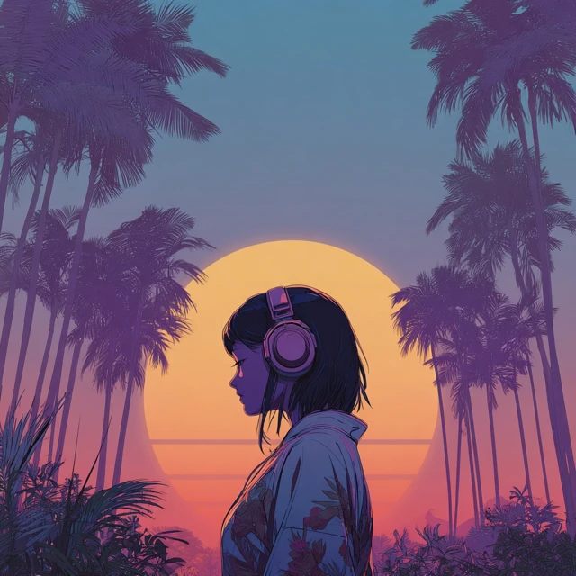 Retrowave Anime Woman with Headphones Palm Tree Sunset