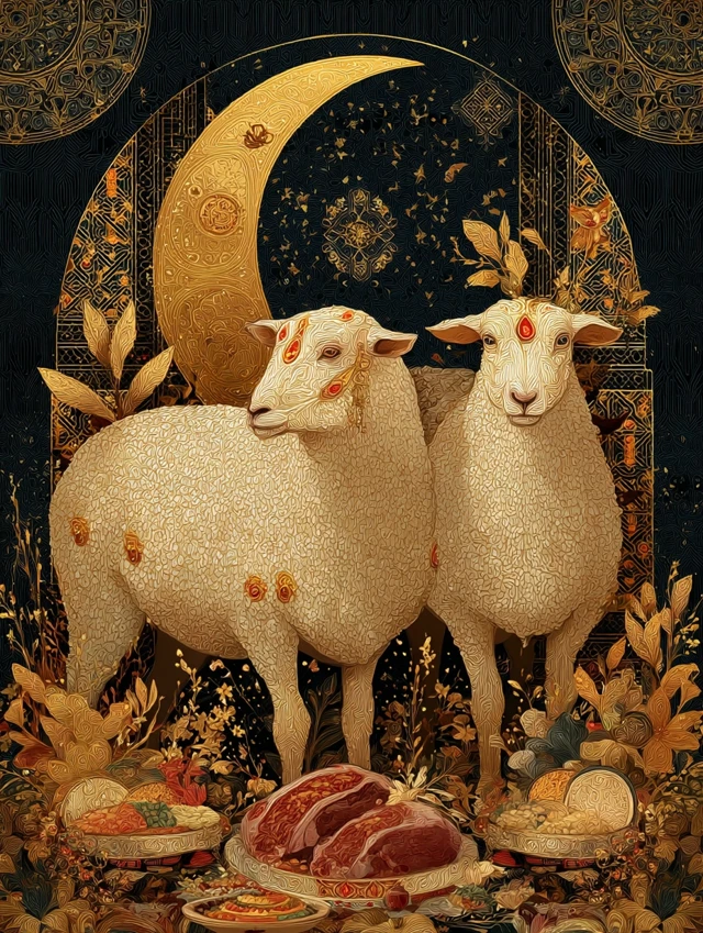 Eid al Adha Celebration Sheep with Jewels and Food
