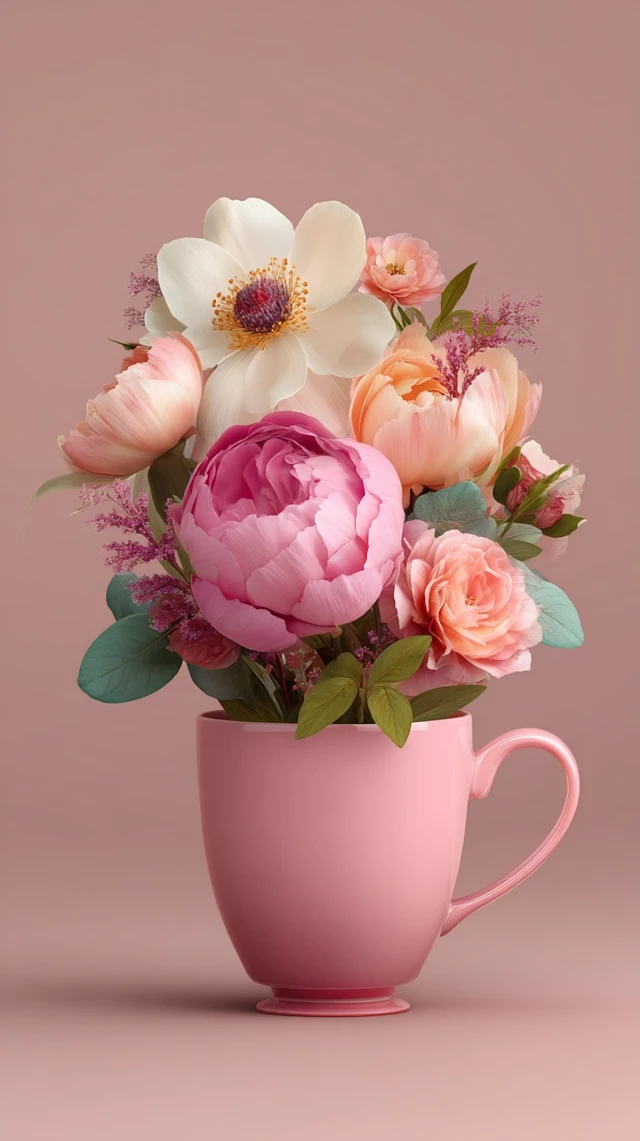 Pink Cup with Floral Bouquet Hyperrealistic