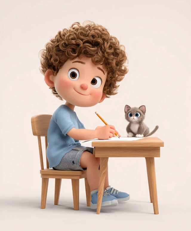 Cute Cartoon Boy with Kitten 3D Illustration