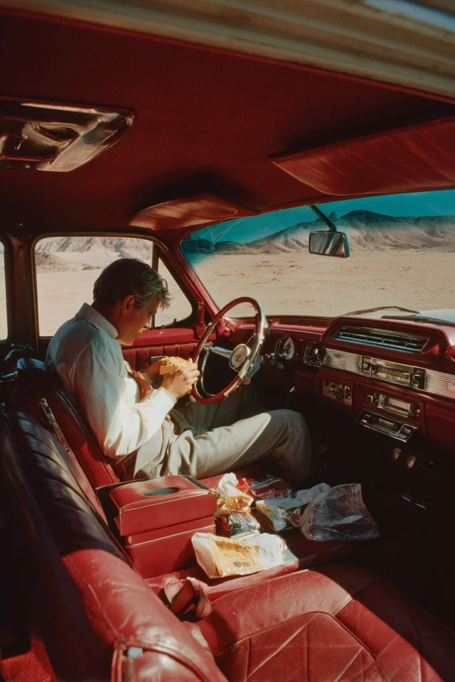 Man in Old Car Eating Sandwiches Desert Scene