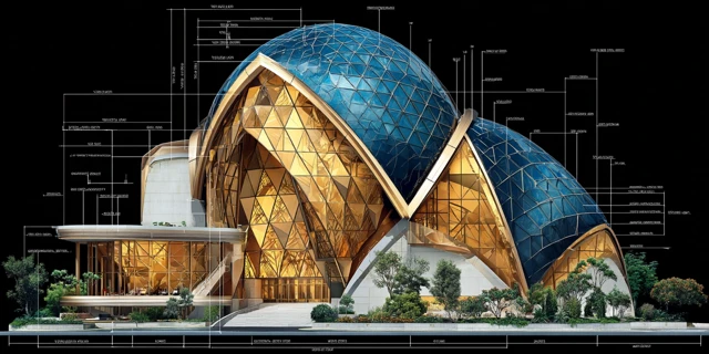 Planetarium Architecture Design with Golden Tones