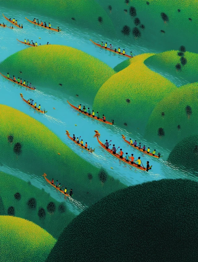 Chinese Landscape Dragon Boat Illustration