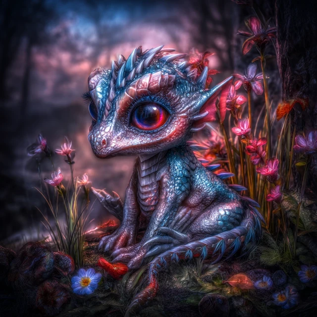 Cute Baby Dragon with Pastel Scales and Flowers