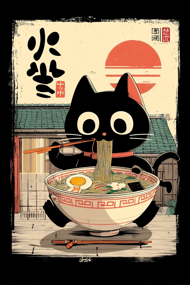 Kawaii Black Cat Ramen Art Hayao Miyazaki