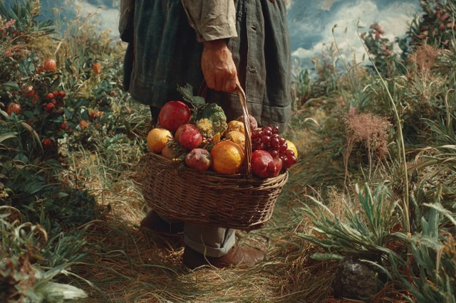 Man with Fruit Basket in Field Hyperrealistic