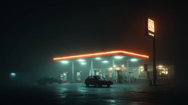 Gas Station at Night Atmospheric Scene