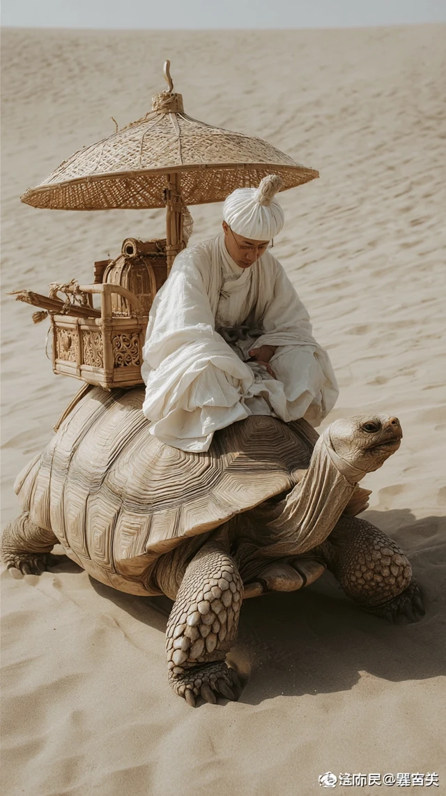 Ancient Chinese Taoist on Giant Turtle in Desert