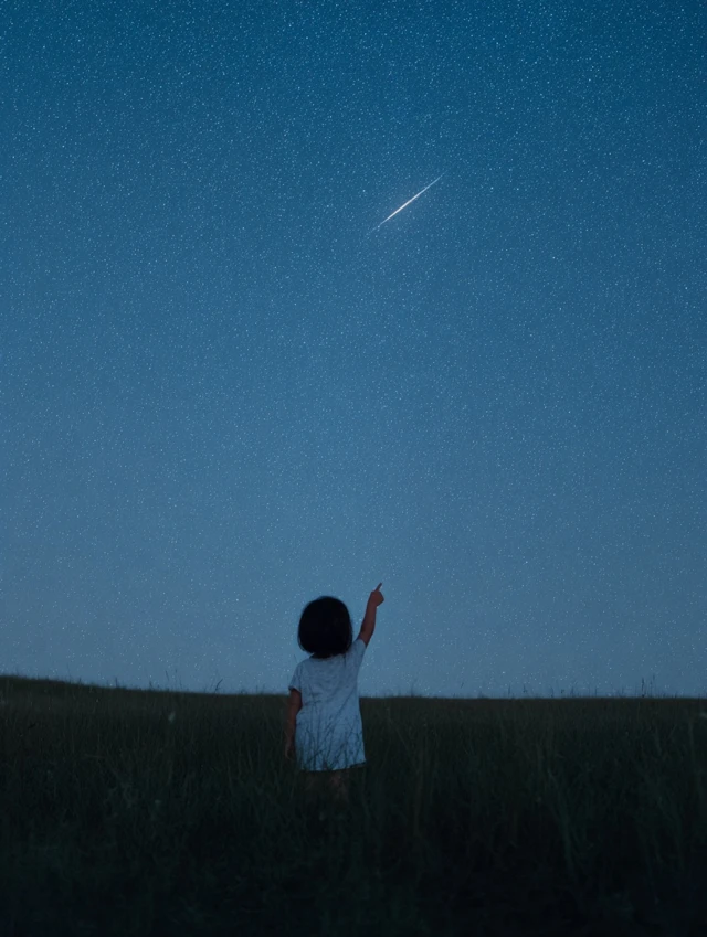 Girl Gazing at Shooting Star Under a Night Sky