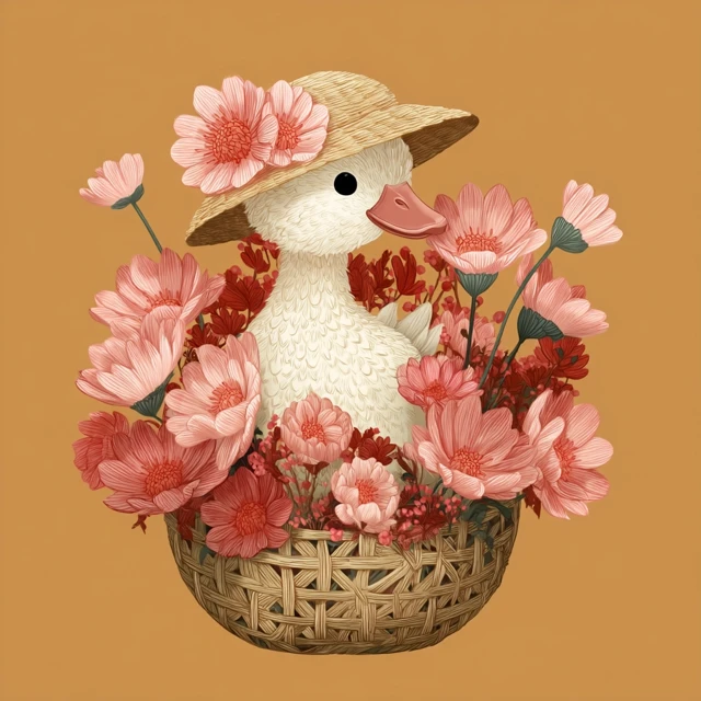 Cute Swan in Flower Hat and Basket Illustration