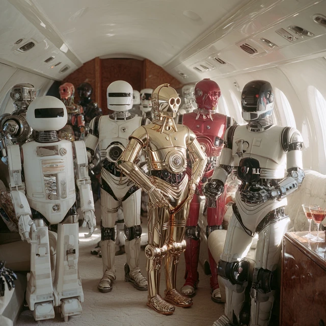 Robots Partying in a 1980s Private Jet
