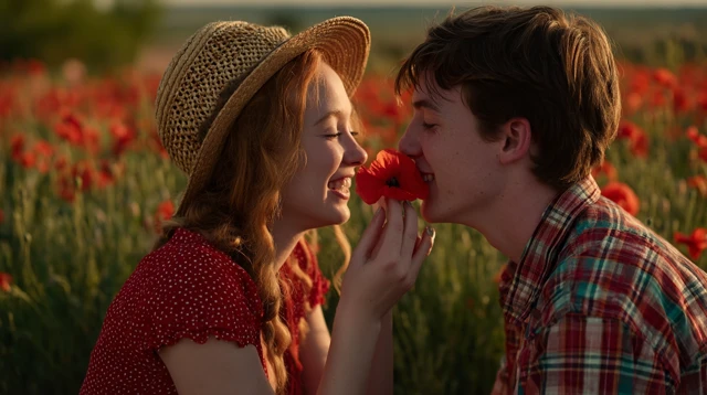 Romantic Couple Kissing in Poppy Field Valentines Day