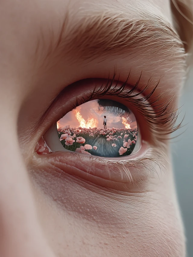 Surreal Eye Reflection: Sunset Poppy Field