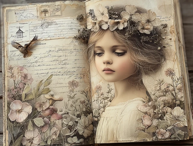 Vintage Journal Page Girl Flowers Birds