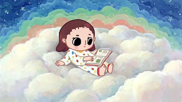 Girl on Cloud Reading Book Cartoon Illustration