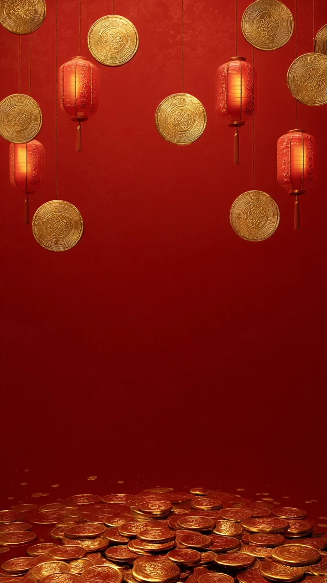 Lunar New Year Poster Golden Coins Red Background