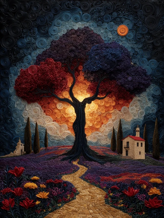 Fantasy Landscape Art Radiant Tree and Sun