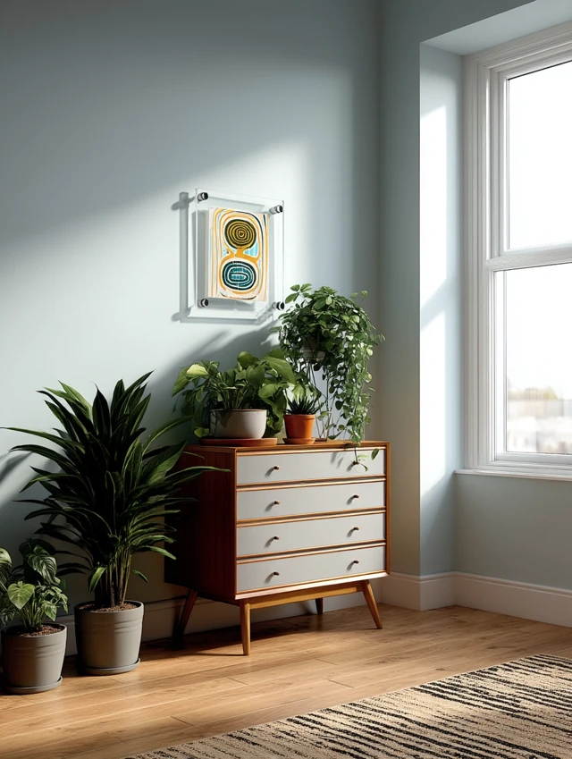 Bright Interior Room with Plant Decor and Floating Frame