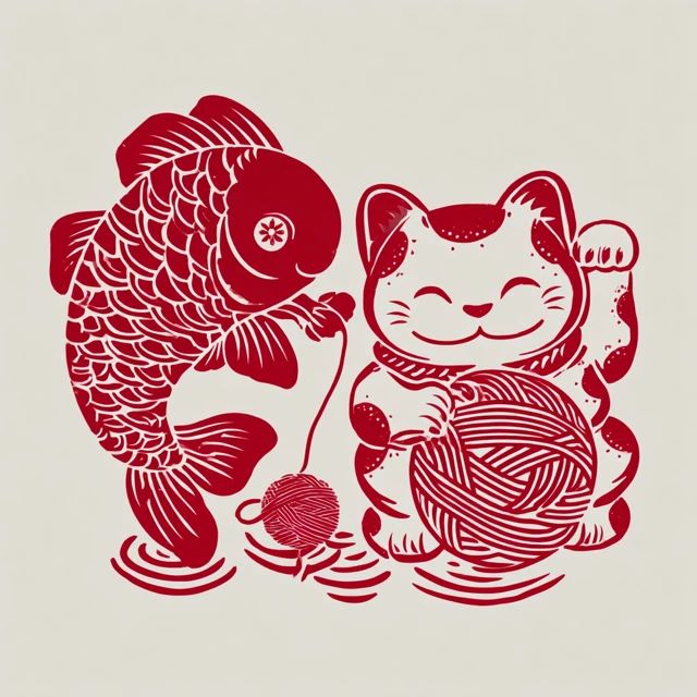 Chinese Paper Cut Art Koi Fish and Lucky Cat