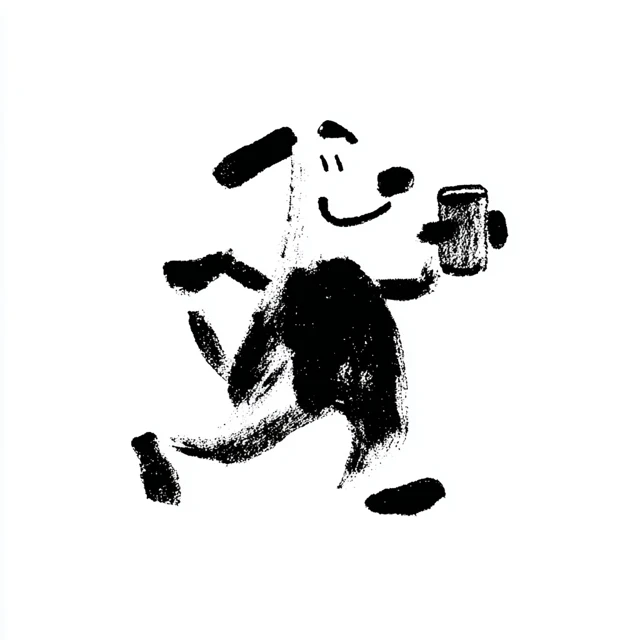Cartoon Dog Walking Smiling with Coffee Mug