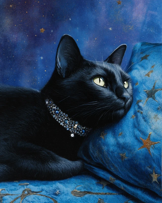 Black Cat Diamond Collar Blue Velvet Stars