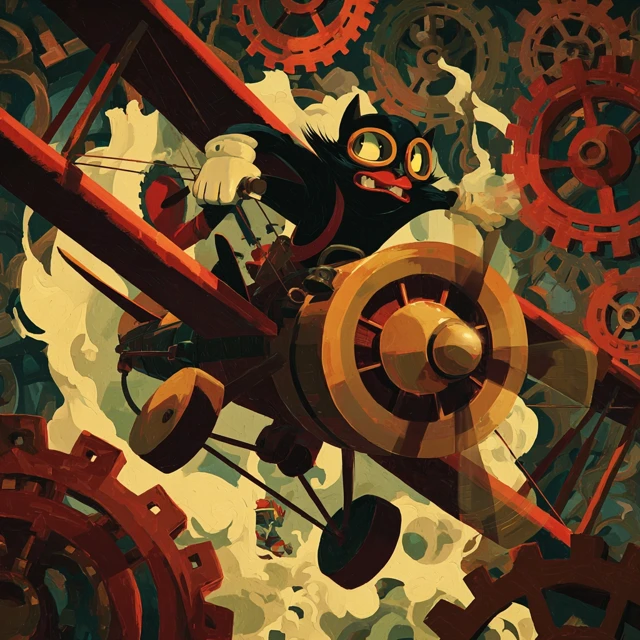 Rubber Hose Cat Pilot Steampunk Biplane Adventure