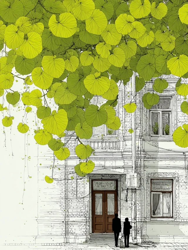 Hand Drawn Cityscape Illustration with Lush Vines