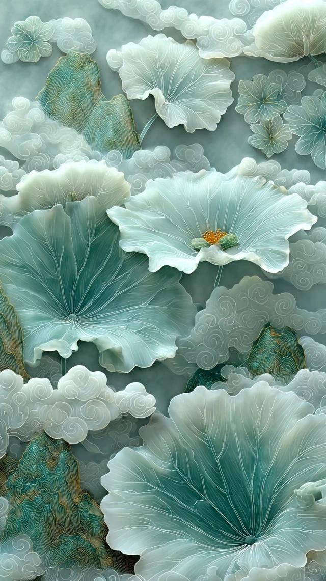 Jade Lotus Landscape: Watercolor Art