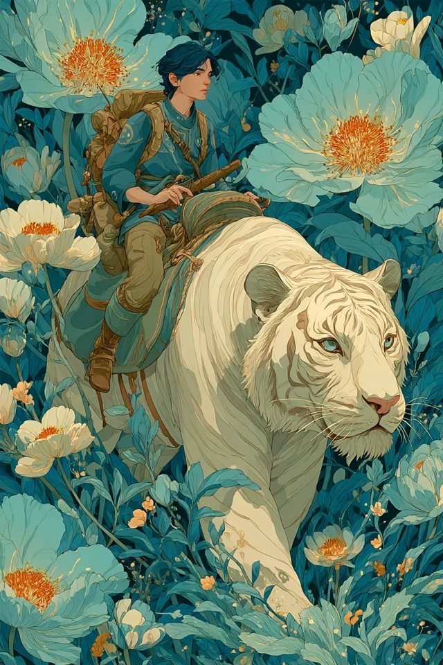 Woman on White Tiger Fantasy Illustration