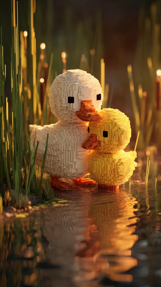 Minecraft Pixel Ducks Embracing by a Lake