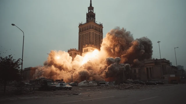 Warsaw Explosion Palace of Culture Dramatic Scene