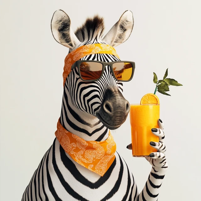 Zebra with Orange Juice in Sunglasses Hyperrealistic